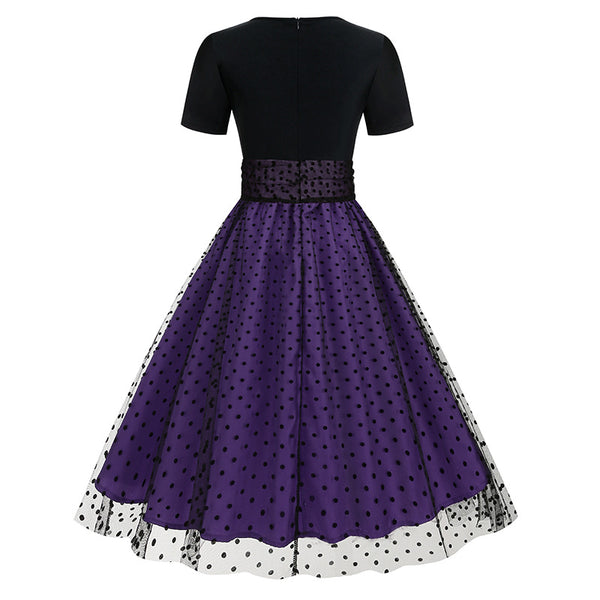 Crew Neck Polka Dot 1950s Dress with Short Sleeves