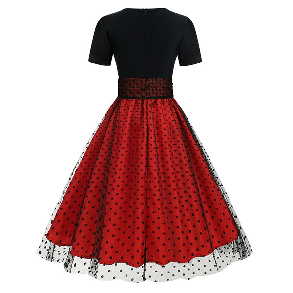 Crew Neck Polka Dot 1950s Dress with Short Sleeves