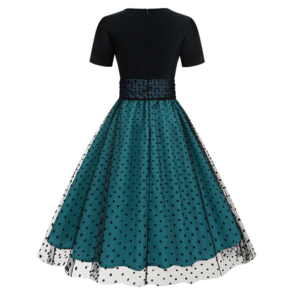 Crew Neck Polka Dot 1950s Dress with Short Sleeves