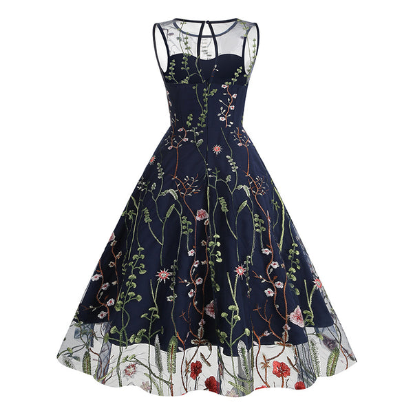 Crew Neck Black 1950s Dress with Embroidery