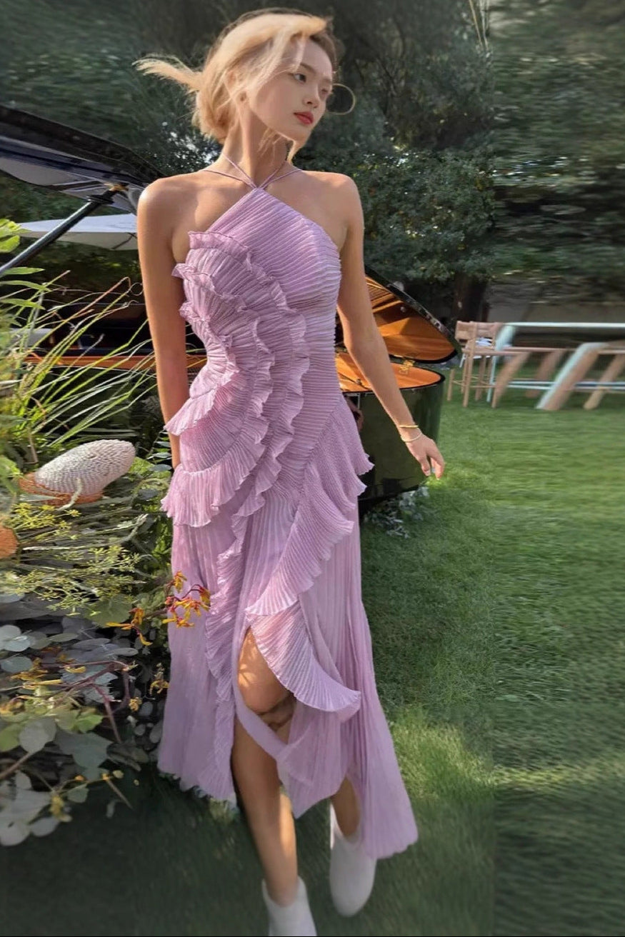 Dream Halter Neck Pleated Ruffle Long Prom Dress FancyVestido Dream Halter Neck Pleated Ruffle Long Prom Dress FancyVestido