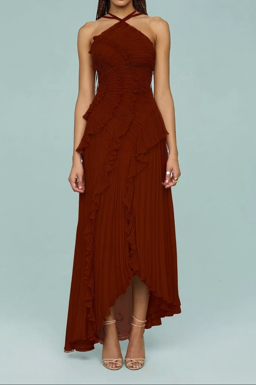 Dream Halter Neck Pleated Ruffle Long Prom Dress FancyVestido Dream Halter Neck Pleated Ruffle Long Prom Dress FancyVestido