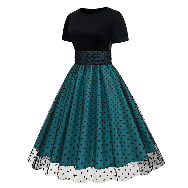 Crew Neck Polka Dot 1950s Dress with Short Sleeves