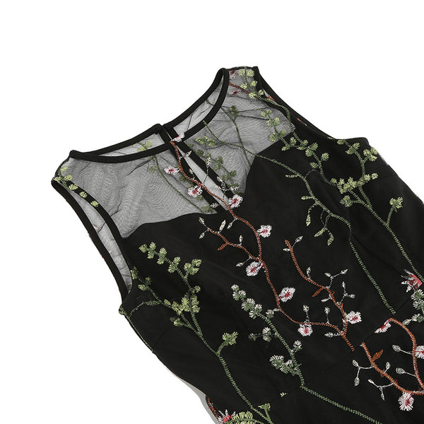Crew Neck Black 1950s Dress with Embroidery