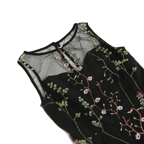 Crew Neck Black 1950s Dress with Embroidery