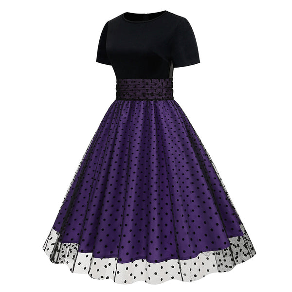 Crew Neck Polka Dot 1950s Dress with Short Sleeves