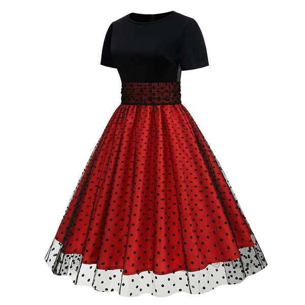 Crew Neck Polka Dot 1950s Dress with Short Sleeves