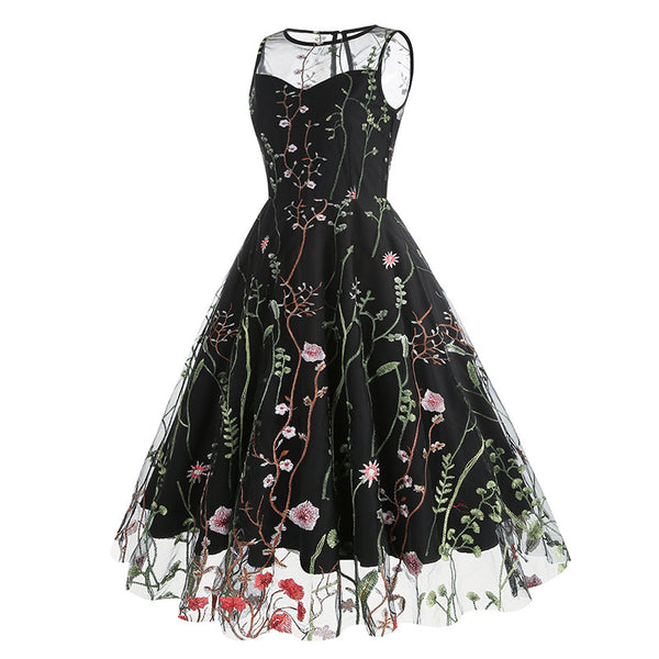Crew Neck Black 1950s Dress with Embroidery