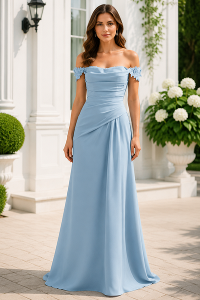 Off-Shoulder A-Line Ruched Empire Satin Mother Of The Bride Dress