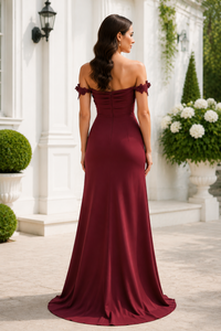 Off-Shoulder A-Line Ruched Empire Satin Mother Of The Bride Dress