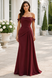 Off-Shoulder A-Line Ruched Empire Satin Mother Of The Bride Dress