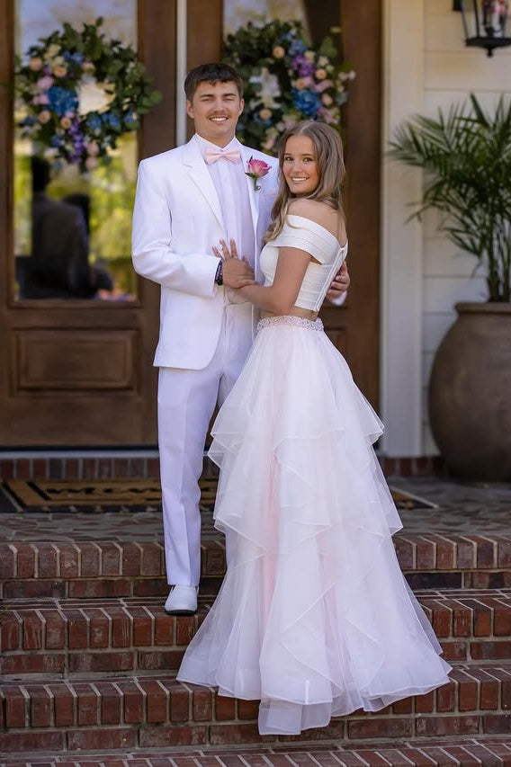 Off-Shoulder A-Line Tiered Two Piece Long Party Prom Dress