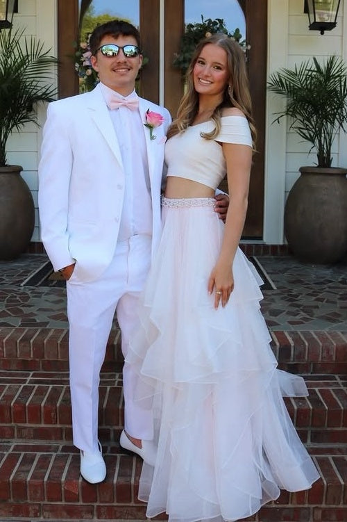 Off-Shoulder A-Line Tiered Two Piece Long Party Prom Dress