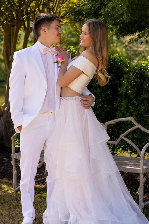 Off-Shoulder A-Line Tiered Two Piece Long Party Prom Dress