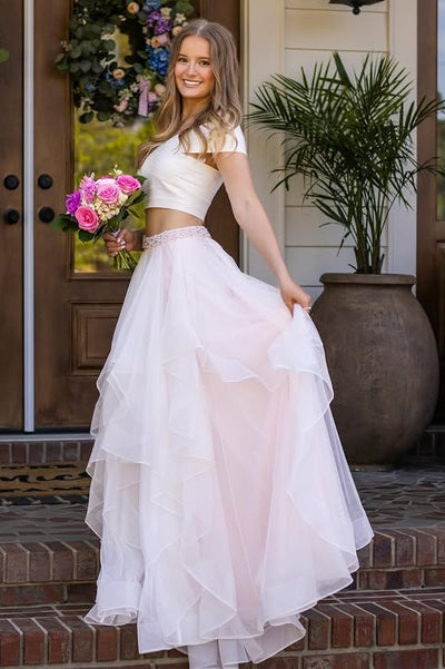 Off-Shoulder A-Line Tiered Two Piece Long Party Prom Dress