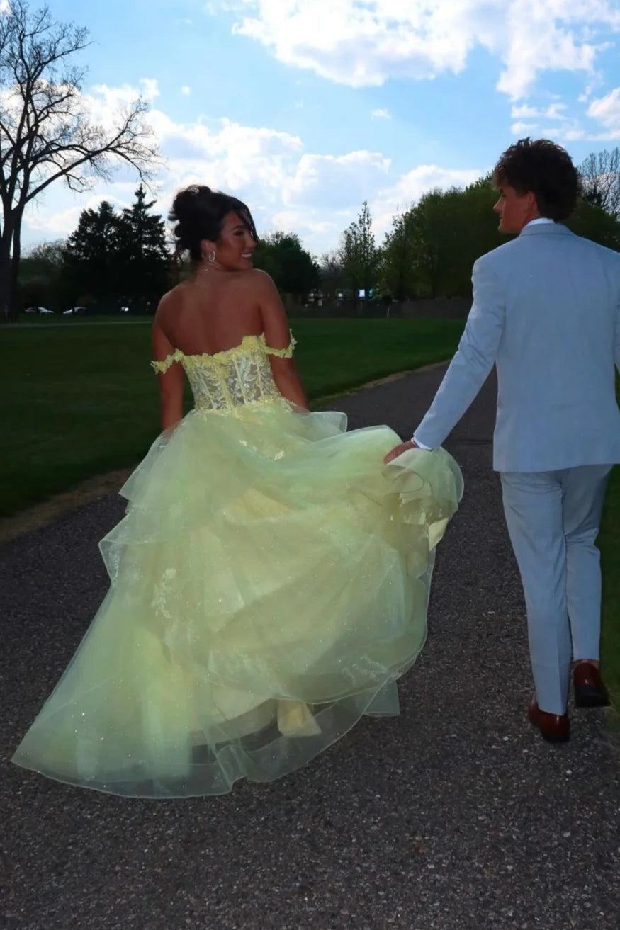 Off-Shoulder Empire Lace And Tulle Tiered Sparkly Prom Dress