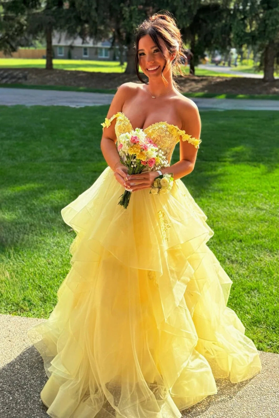 Off-Shoulder Empire Lace And Tulle Tiered Sparkly Prom Dress