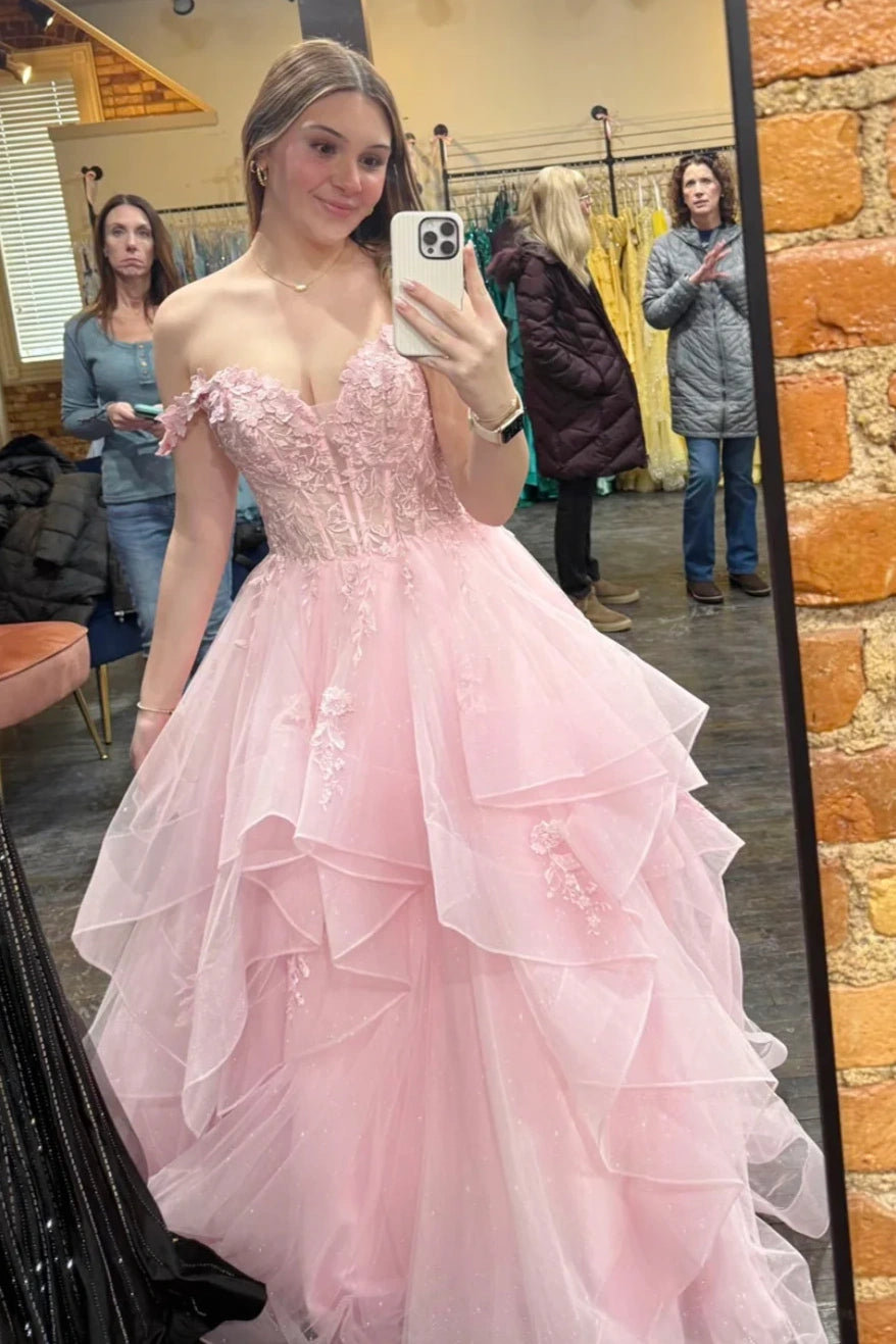 Off-Shoulder Empire Lace And Tulle Tiered Sparkly Prom Dress