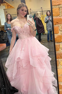 Off-Shoulder Empire Lace And Tulle Tiered Sparkly Prom Dress