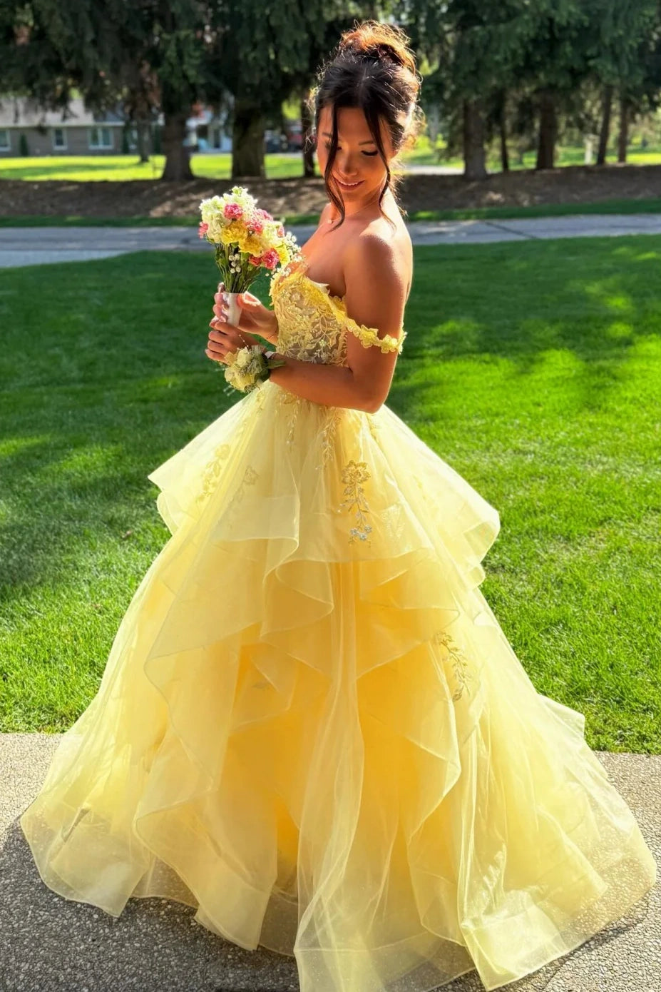 Off-Shoulder Empire Lace And Tulle Tiered Sparkly Prom Dress
