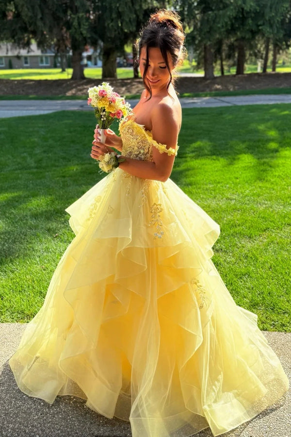 Off-Shoulder Empire Lace And Tulle Tiered Sparkly Prom Dress