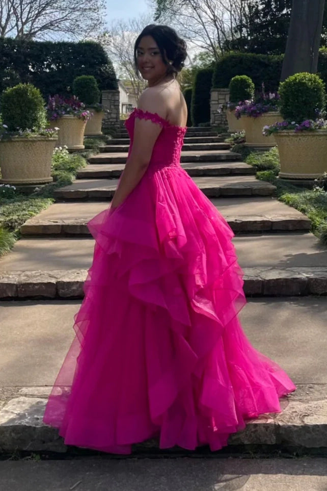 Off-Shoulder Empire Lace And Tulle Tiered Sparkly Prom Dress