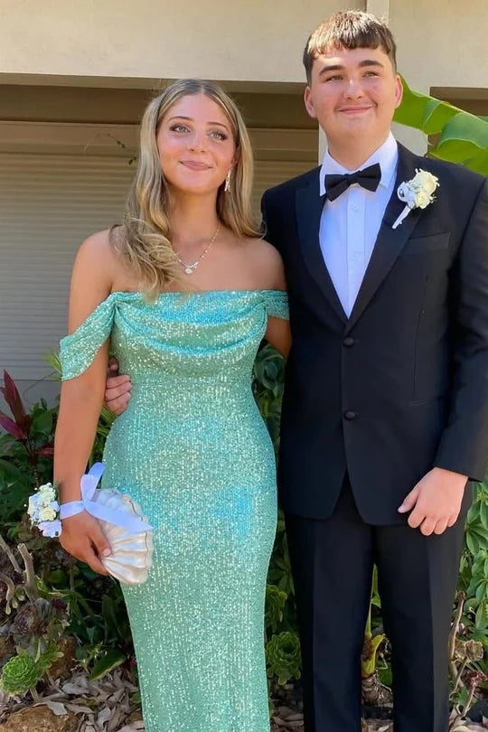 Off-Shoulder Fitted Empire Sequin Floor-Length Party Prom Dress