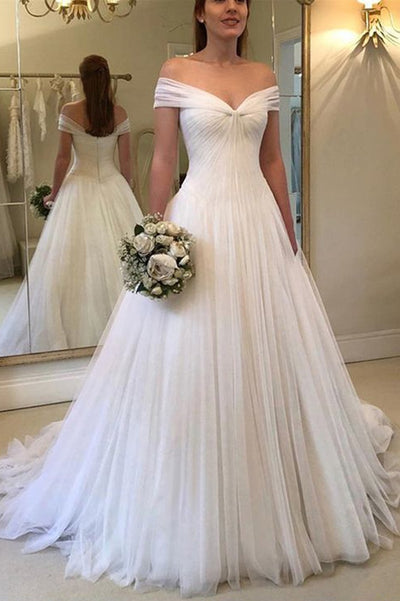 Off-Shoulder High Waist A-Line Tulle Summer Wedding Dress