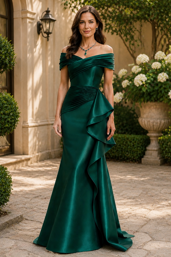 Off-Shoulder High Waist Mermaid Satin Mother Of The Bride Dress