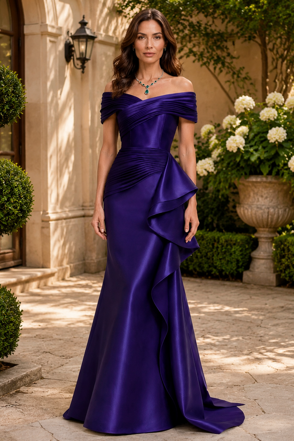 Off-Shoulder High Waist Mermaid Satin Mother Of The Bride Dress