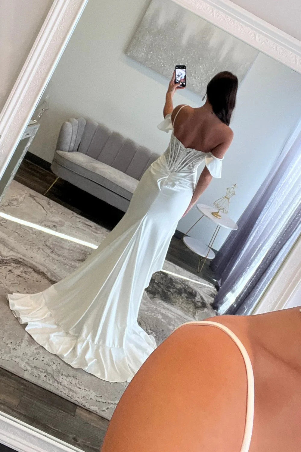 Off-Shoulder Lace And Satin Ruffle Split Mermaid Party Prom Dress