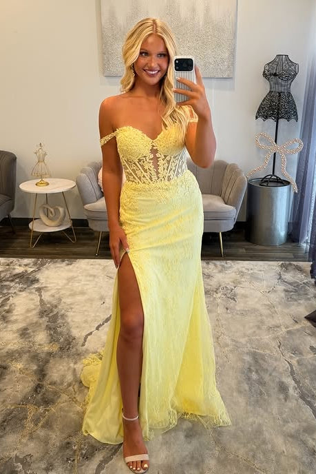 Off-Shoulder Lace Empire Mermaid Party Prom Dress With Slit 