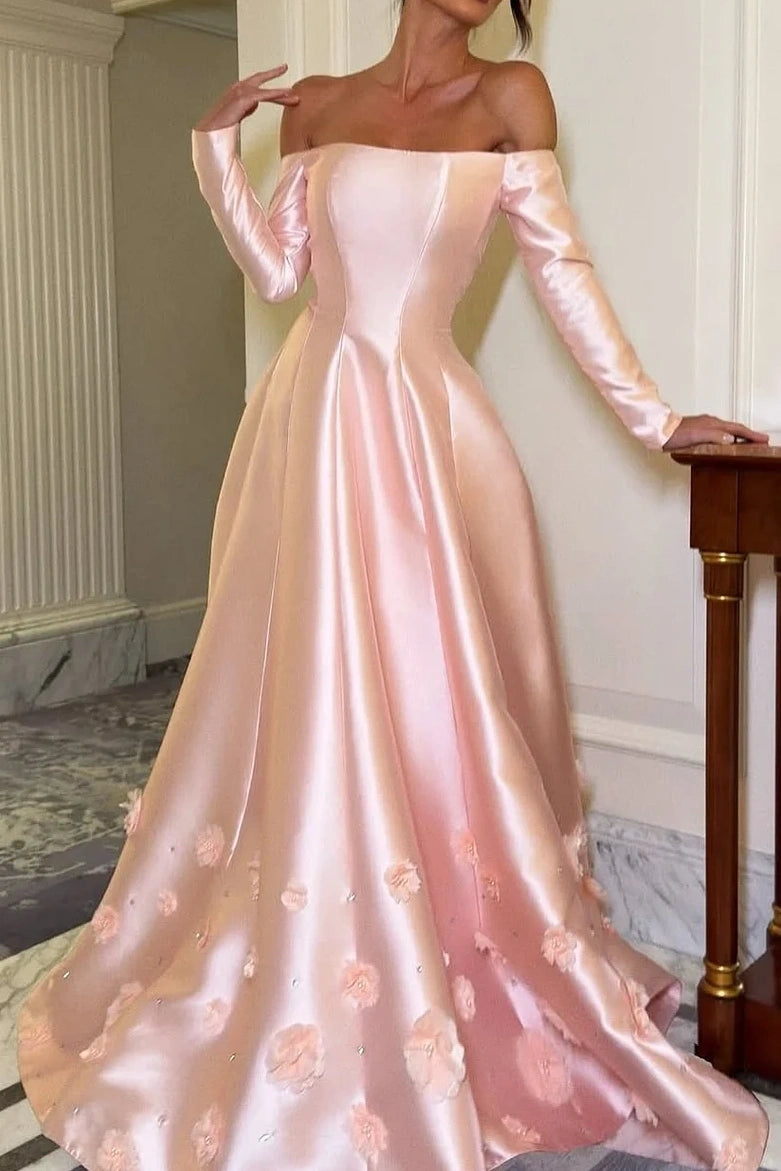 Off-Shoulder Long Sleeves A-Line Satin Party Prom Dress With Floral And Beaded