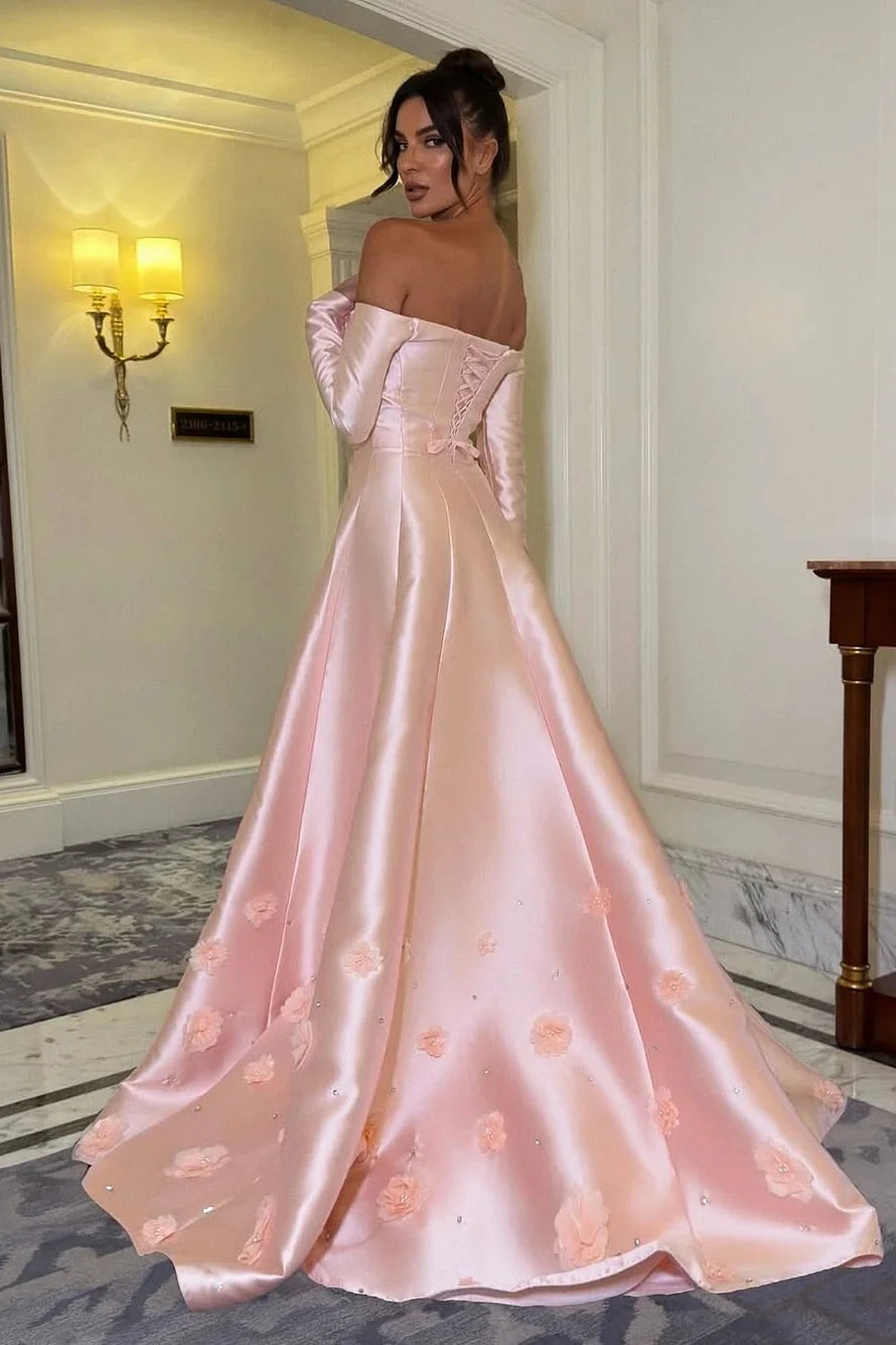 Off-Shoulder Long Sleeves A-Line Satin Party Prom Dress With Floral And Beaded