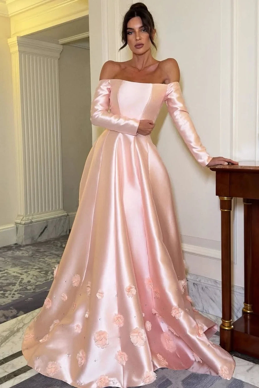 Off-Shoulder Long Sleeves A-Line Satin Party Prom Dress With Floral And Beaded