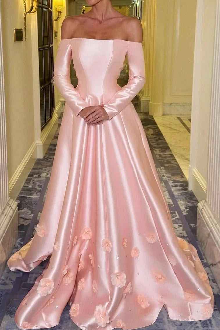 Off-Shoulder Long Sleeves A-Line Satin Party Prom Dress With Floral And Beaded