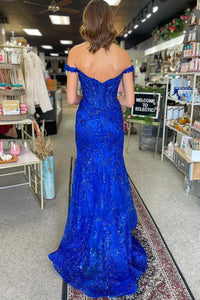Off-Shoulder Open Back Lace Mermaid Party Prom Dress With Leg Slit