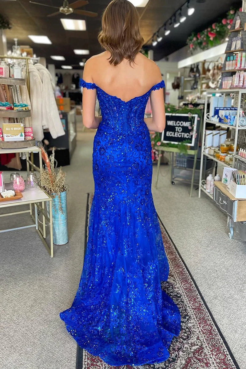 Off-Shoulder Open Back Lace Mermaid Party Prom Dress With Leg Slit