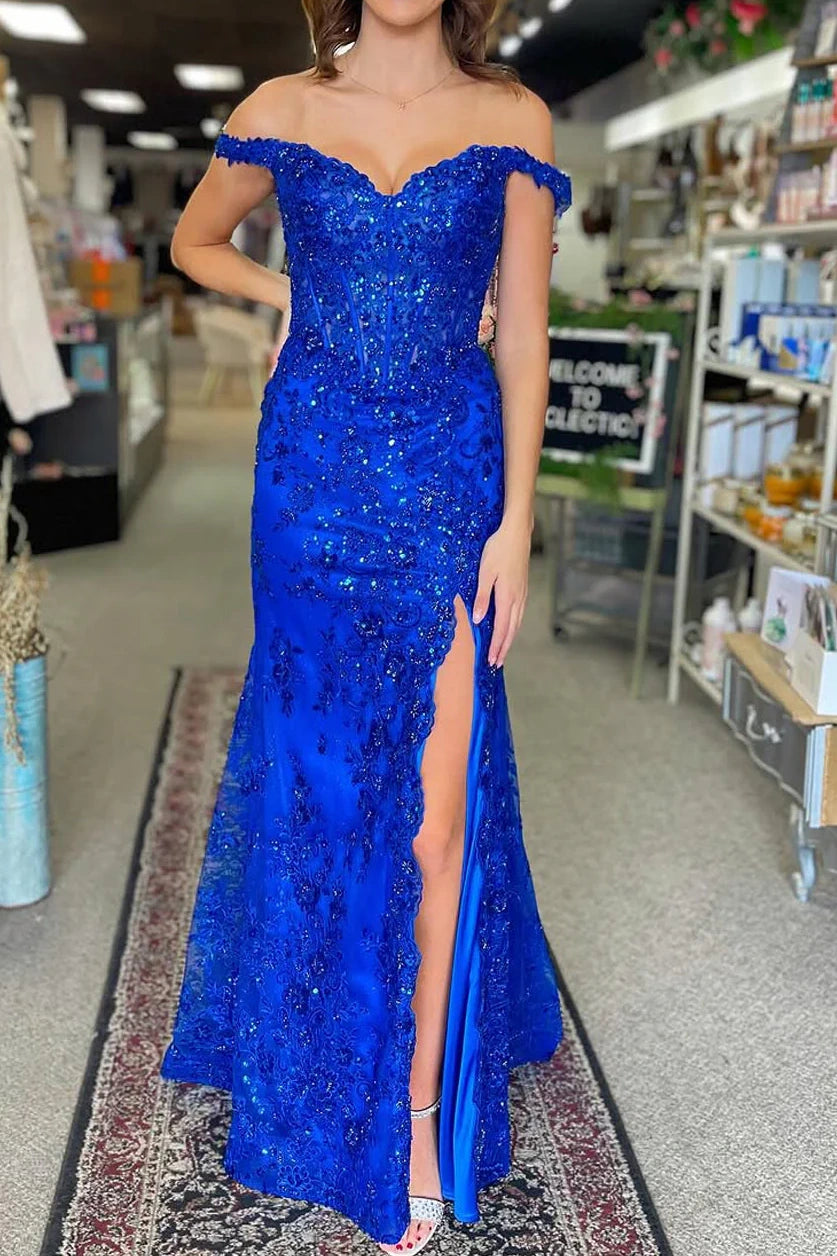 Off-Shoulder Open Back Lace Mermaid Party Prom Dress With Leg Slit