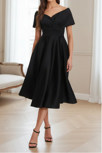 Off-Shoulder Satin A-Line Midi Mother Of The Bride Dress