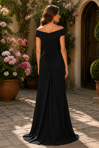 Off-Shoulder Satin Ruched Empire Split Satin Mother Of The Bride Dress