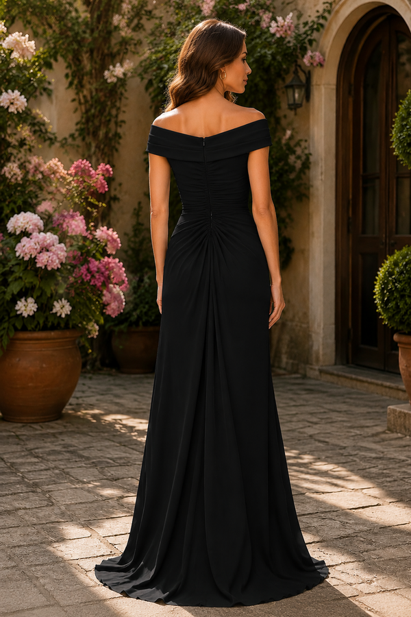 Off-Shoulder Satin Ruched Empire Split Satin Mother Of The Bride Dress