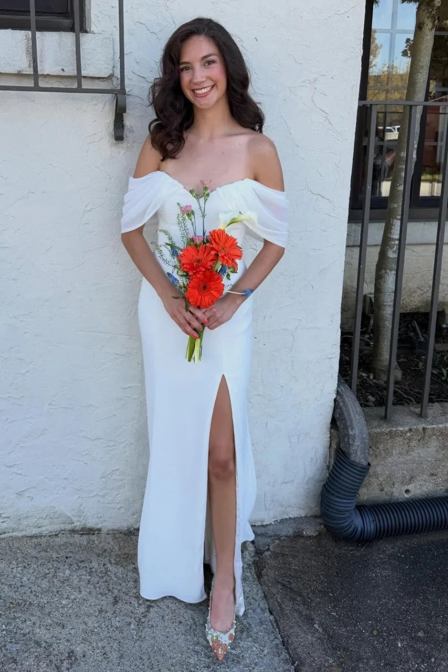 Off-Shoulder Satin Sheath Party Prom Dress With Leg Slit