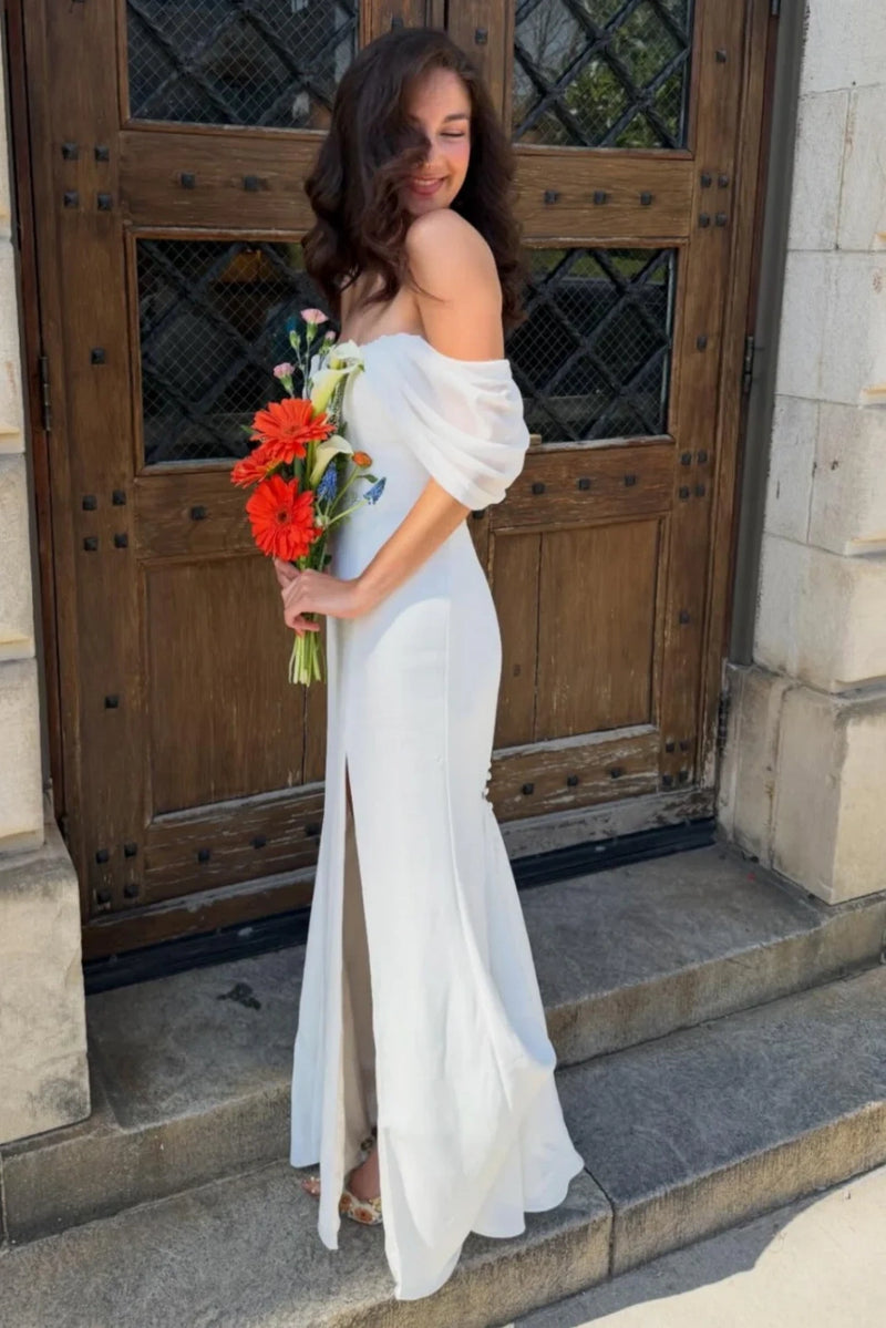 Off-Shoulder Satin Sheath Party Prom Dress With Leg Slit