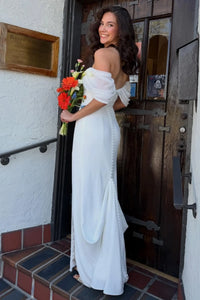 Off-Shoulder Satin Sheath Party Prom Dress With Leg Slit