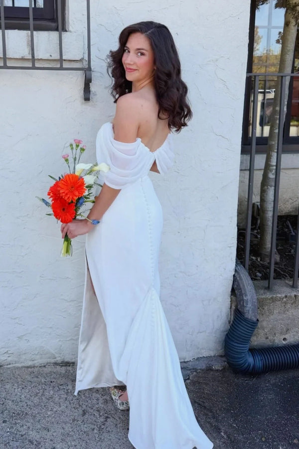 Off-Shoulder Satin Sheath Party Prom Dress With Leg Slit