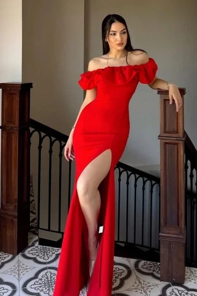 Off-Shoulder Sleeveless Fitted Satin Party Prom Dress With Leg Slit