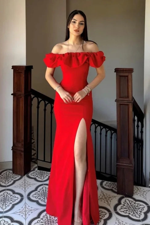 Off-Shoulder Sleeveless Fitted Satin Party Prom Dress With Leg Slit