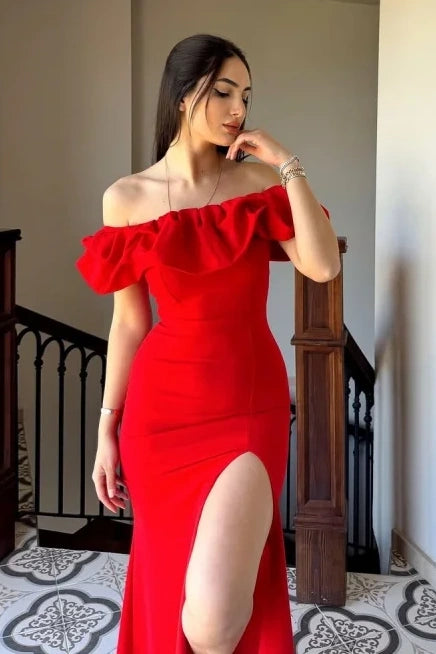 Off-Shoulder Sleeveless Fitted Satin Party Prom Dress With Leg Slit