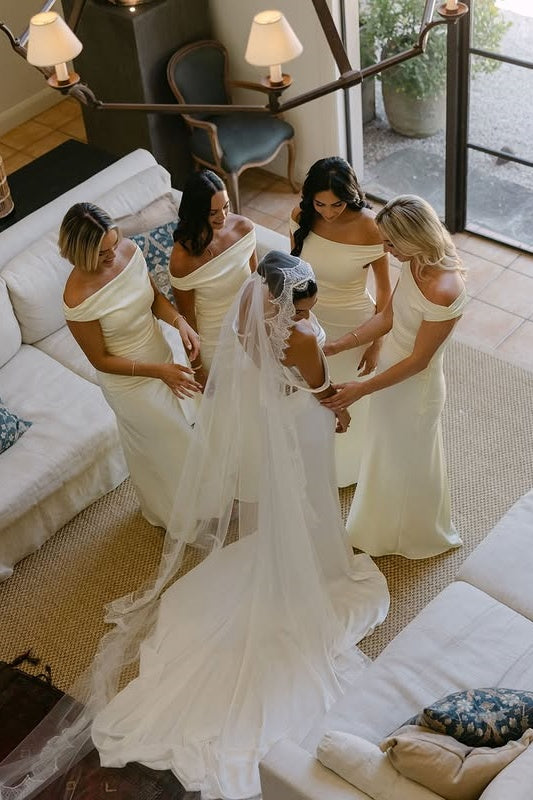 Off-Shoulder Sleeveless Satin Fitted Floor-Length Bridesmaid Dress